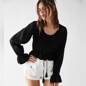 Free People Megan Crochet Top- Black- NWT